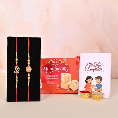 Poorak Religious Soan Papdi 2 Rakhi Assorted Rakhi  Set(1 Soan Papdi 2 Rakhi, 1 Greeting Card Roli Chawal)