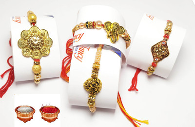 RakhiParva Designer Trending_JM3_Rk RAKHI2020143_762new Mauli Thread Rakhi  Set(4Designer Gold Metal Rakhi With 1Roli,1 chawal pack)