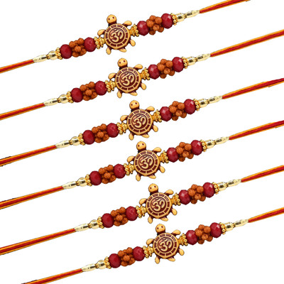 Saugat Traders Religious Set of 6 OM Rakhi for Brother - Tortoise with OM Rakhi Combo Assorted Rakhi, Chawal Roli Pack  Set(Set of 6 Om Rakhi / Tortoise with OM Rakhi)