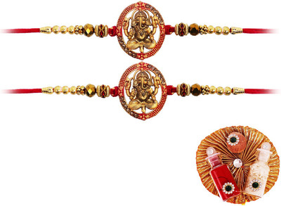 Aseenaa Designer Ganesh Ji Rakhi Combo For Brother With Roli Chawal | Set Of 2 | B5+B5 Assorted Rakhi, Chawal Roli Pack  Set(2 Rakhi And 1 Roli Chawal Pack)