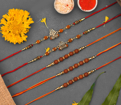 THE INDIA STYLE Rudraksh 2 Metal Mahakal Trishul 3Rudraksha Rakhi for brother bhai Combo of 5 Mauli Thread, Assorted Rakhi, Chawal Roli Pack Set(Rudraksha Metal Rakhi Combo of 5, 1 Packet Roli Chawal) THE INDIA STYLE Rudraksh 2 Metal Mahakal Trishul 3Rudraksha Rakhi for brother bhai Combo of 5 Mauli Thread, Assorted Rakhi, Chawal Roli Pack Set(Rudraksha Metal Rakhi Combo of 5, 1 Packet Roli Chawal)