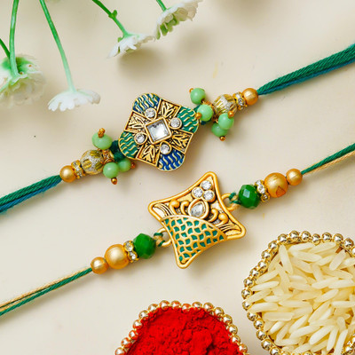 eCraftIndia Designer D1814 Assorted Rakhi  Set(Set of 2 Designer Rakhis, 1 Roli Chawal Pack)