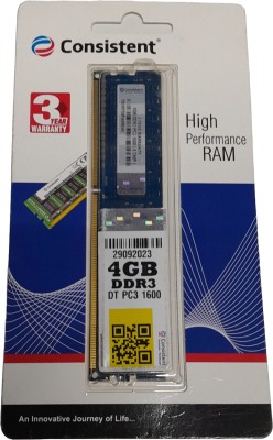 consistant D3 DDR3 4 GB (Single Channel) PC RAM (1600MHz)(Blue)