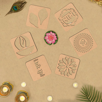 Kidli SM15 Rangoli Making Tools Set of 6 Shree Ram Om Diya Flower Shankh Design Diwali Rangoli Stencil