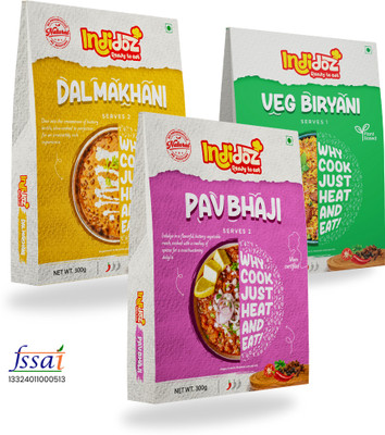 Indidoz by Indidoz Ready to Eat Dal Makhani, Pav Bhaji & Veg Biryani Combo | Instant Indian Meal(850 g)