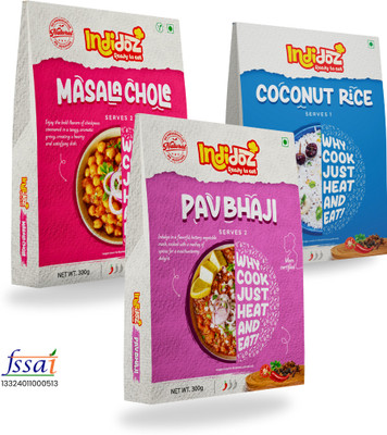 Indidoz by Indidoz Ready to Eat Coconut Rice, Masala Chole & Pav Bhaji Combo | Instant Indian Meal(850 g)