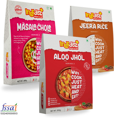 Indidoz by Indidoz Ready to Eat Jeera Rice, Masala Chole & Aloo Jhol Combo | Instant Indian Meal(800 g)