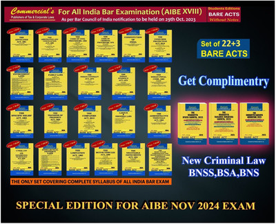 BARE ACT FOR All India Bar Exam (AIBE) Set Of 22+3 Books (GET COMPLIMENTRY NEW CRIMINAL LAW 2023 BNSS,BNS,BSA ) EDITION 2025(Paperback, COMMERCIAL LAW PUBLISHER)