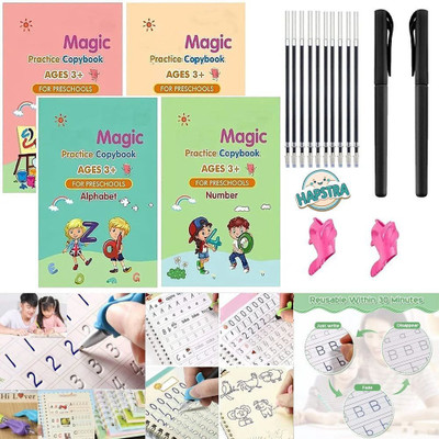 HAPSTRA Magic Book For Kids 2-5years (4 Books+ 2 Pen + 20 Refill + 2 Grips) - HAPSTRA Magic Practice Copy Book For Kids - Reusable Magical Book - Alphabet Writing Calligraphy Books For Beginners(SPIRAL Binding, HAPSTRA)
