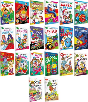 Sawan Present Set Of 20 Books | Colouring Books For Kids | Copy To Colour Actions, Our Helper, Games & Sports, Sea Animals, Santa Claus, Fishes, Fairy Princess, Circus, Racing Cars Insects, Shapes, Super Hero, Gods, Baby Animals, Toys, Objects, Animals, Birds ,Birthday And Cartoons(Pin Binding, Mano