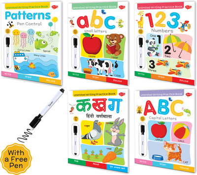 Set Of 5 Unlimited Writing Practice Book - Capital Letters, Small Letters, Numbers, Patterns & क ख ग हिंदी वर्णमाला:Journey Into Language And Numbers(Paperback, Sawan)
