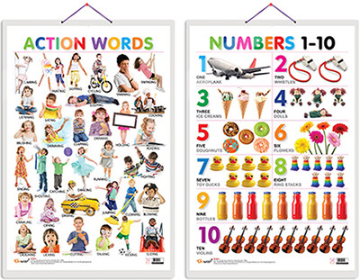 Gift Pack Of 2 Action Words And Numbers 1-10 Charts | Wall Posters For Room Decor High Quality Paper Print With Hard Lamination (20 Inch X 30 Inch, Rolled)(Hardcover, Sahil)