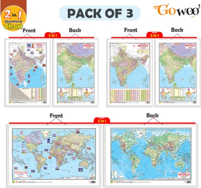 Gift Pack Of 3 | 2 IN 1 INDIA POLITICAL AND PHYSICAL MAP IN ENGLISH, 2 IN 1 INDIA POLITICAL AND PHYSICAL MAP IN HINDI And 2 IN 1 WORLD POLITICAL AND PHYSICAL MAP IN ENGLISH Charts | Wall Posters For Room Decor High Quality Paper Print With Hard Lamination (20 Inch X 30 Inch, Rolled)(Hardcover, Sahil