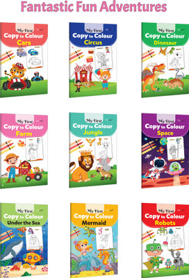My First Copy To Colour - Cars, Circus, Dinosaur And More :- Adventure Transport And Animal Themes, Jungle Safari With Ocean World And Fantasy Colouring For Kids | Pack Of 9 Books(Paperback, GOWOO)