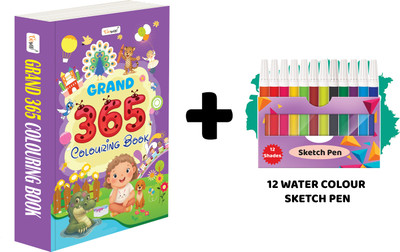 GRAND - 365 Colouring Book And 12 Water Colour Sketch Pens :- Creative Art Book For Kids, Preschool Colouring Book, Thick Colouring Book, All-In-One Colouring Set(Paperback, GOWOO)