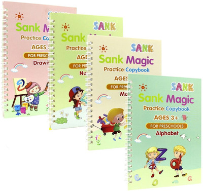 All In English 4Pcs Magic Practice Copybook Set: If You Want Your Children To Learn English Calligraphy, Number, Drawing, Math, A Reusable Magic Practice Copybook Set Is A Must-Have. ( 10 Refills)(Spiral, sank)
