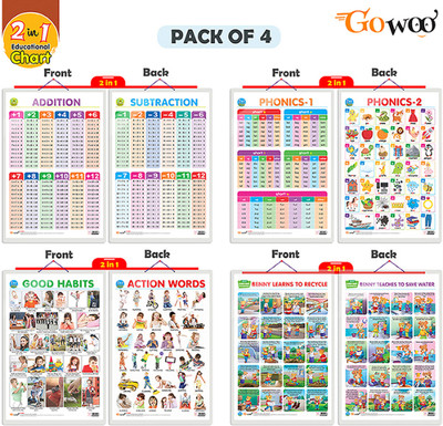 Gift Pack Of 4 | 2 IN 1 GOOD HABITS AND ACTION WORDS, 2 IN 1 ADDITION AND SUBTRACTION, 2 IN 1 PHONICS 1 AND PHONICS 2 And 2 IN 1 BENNY LEARNS TO RECYCLE AND BENNY TEACHES TO SAVE WATER Charts | Wall Posters For Room Decor High Quality Paper Print With Hard Lamination (20 Inch X 30 Inch, Rolled)(Hard