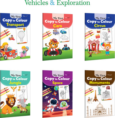 My First Copy To Colour - Transport, Cars, Circus, Jungle And More :- Creative Travel Colouring, Adventure Themed Activity, Kids Learning Fun | Combo Of 6 Books(Paperback, GOWOO)