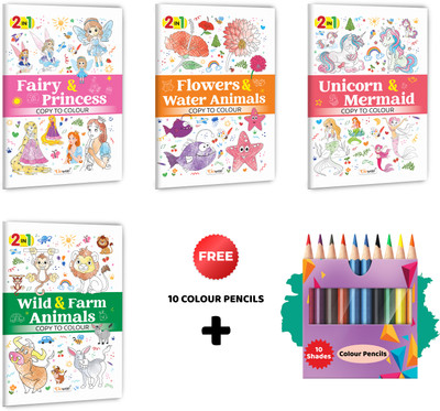 2 In 1 Copy To Colour - Fairy & Princess, Flowers & Water Animals, Unicorn & Mermaid And Wild & Farm Animals With 10 Colour Pencils :- Magical And Nature-Inspired Set | Set Of 4 Books(Paperback, GOWOO)