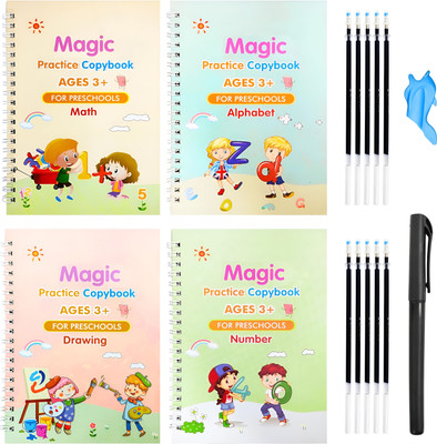 Magic Practice Copybook Set For Kids – Reusable Handwriting Tracing Book (Set Of 4) With 1 Magic Pen, 10 Refills, 1 Pen Grip – Fun Learning Toy For Boys & Girls (Ages 3-7)(Hardcover, sabk)