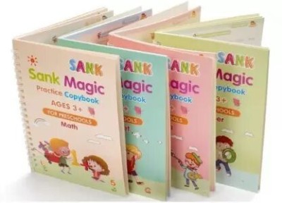 Sank Magic Practice (4 Pcs) Copybook For Kids, English Reusable Magical Copybook Kids, Tracing Book, Magic Calligraphy Copybook Set Practical Reusable Writing Tool Simple Hand Lettering(Spiral, Magic Practice Copybook)