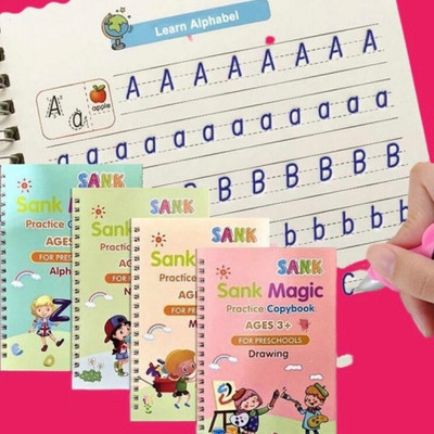 Magic Practice Copybook For Kids Reusable With 10 Refill 4 Book 1 Pen 1 Grip SANK Re-Usable MAGIC BOOK Magical Handwriting Workbooks Practice Copybook For Pre-School Kids, (4 BOOK + 1 Pen + 10 REFILL) Number Tracing Book, Drawing, Alphabet And Math Exercise For Preschoolers With Pen, English Magic B