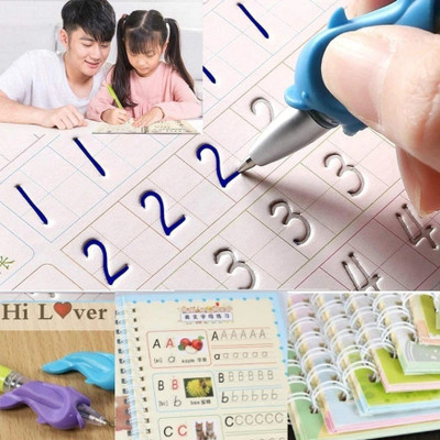 Magic Practice Copybook, (4 Book+ 10 Refill + 1 Pen + 1 Grip) Number Tracing Book For Preschoolers With Pen, Magic Calligraphy Copybook Set Practical Reusable Writing Tool Simple Hand Lettering Board Book(Hardcover, india)