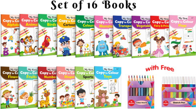 My First Copy To Colour - Alphabet, Animals, Birds, Cartoons And More With 12 WATER COLOUR SKETCH PEN And 10 COLOUR PENCILS : Ultimate Colouring Combo For Children | Combo Of 16 Copy To Colour Books(Paperback, GOWOO)