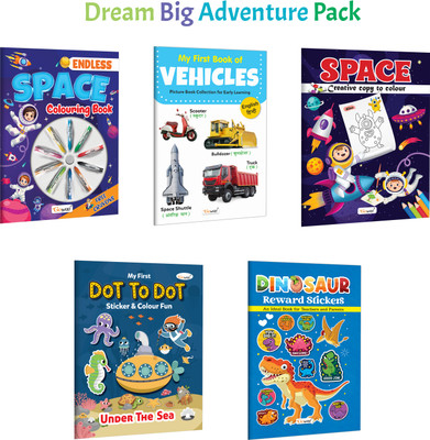 Endless Space Colouring Book With Crayons, My First Book Of Vehicles (ENG-HINDI) And More :- Kids Space Adventure Colouring, Bilingual Vehicles Learning, Underwater Dot-To-Dot Fun | Combo Of 5 Books(Paperback, GOWOO)