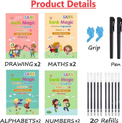 4 PCS Magic Practice Copybook For Kids | English Reusable Tracing Book Set | Bound Writing Practice Books | ABC, Numbers, Drawing, Math (Paperback, Set Of 4) Only 4 Books In 1 Set(yes, sank)