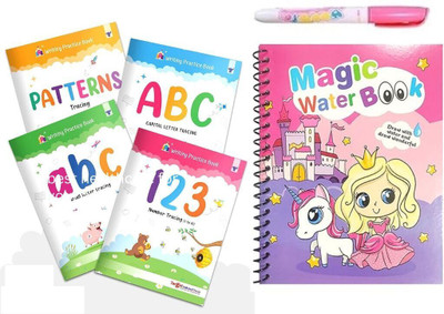 Magic Water Colouring Book & Writing Pracrice Book For Kids | Include Abc Capital Letters, Small Letters, Number (1-10), Line Tracing Pattern And Reusable Water Colouring Book With 1 Pen | Set Of 5(Hardcover, Target Publications)