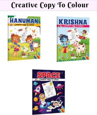 Hanuman, Krishna And Space - Creative Copy To Colour Book : Cute Hanuman Colouring Book, Religious Colouring Books For Kids, Copy To Colour Set For Toddlers | Combo Of 3 Copy Colouring Books(Paperback, GOWOO)