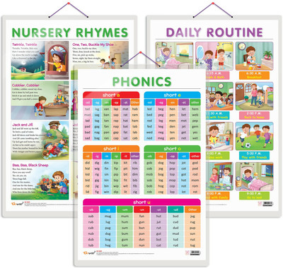GO WOO Pack of 3 DAILY ROUTINE, NURSERY RHYMES and PHONICS - 1 charts(White)
