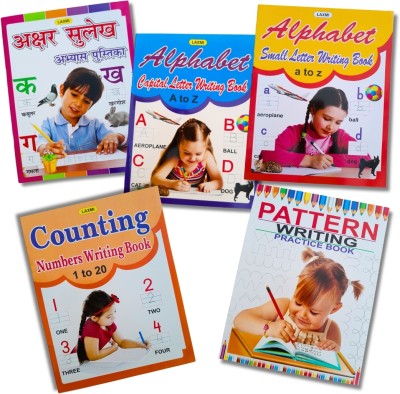 Hindi & English Alphabets, Numbers, Pattern, Writing Practice Book For Kids (Pack Of 5 Books)(Laminated Hard Paper, Hindi, Monaj)