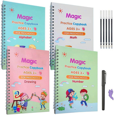 Magic Practice Copybook, Number Tracing Book For Preschoolers With Pen, Magic Calligraphy Copybook Set Practical Reusable Writing Tool Simple Hand Lettering (4 BOOKS WITH 5 REFILLSS) Pop-Up – 1 January 2000(Spiral, Others, Generic)