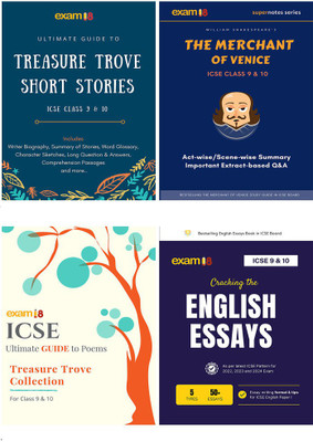 Exam18 ICSE Combo: English Treasure Trove Ultimate Guide To Poems, Short Stories, English Essays And Merchant Of Venice Guide For Class 9 & 10 (2021-2022 Edition) (Set Of 4 Books)(Paperback, Exam18 Publisher)