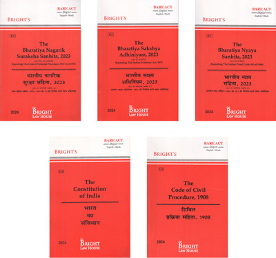 Combo Of 5 Bare Acts (Diglot Edition) Bharatiya Nyaya Sanhita, 2023. Bharatiya Nagarik Suraksha Sanhita,2023. Bharatiya Sakshya Adhiniyam, 2023. Constitution Of India & Code Of Civil Procedure, 1908. With Short Comments(Paperback, Hindi, Bright's)