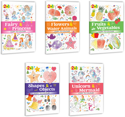 2 In 1 Copy To Colour - Fairy & Princess, Flowers & Water Animals, Fruits & Vegetables And More :- Magical And Nature Colouring, Colourful Activity Fun, 2 In 1 Creative Kids Pack | Pack Of 5 Books(Paperback, GOWOO)