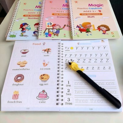 Sank Magic Practice Copybook, Magic Calligraphy Copybook Set Practical Reusable Writing Tool Simple Hand Lettering,Number Tracing Book For Preschool With Pen(4 books, 10 Refill pack, Others, Yunideq)