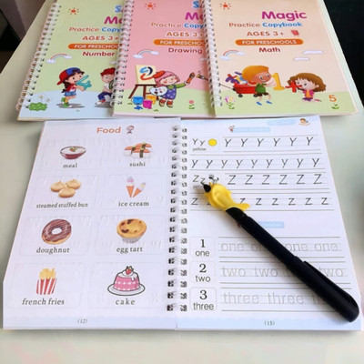 Sank Magic Practice Copybook, Magic Calligraphy Copybook Set Practical Reusable Writing Tool Simple Hand Lettering,Number Tracing Book For Preschool With Pen(4 books, 10 Refill pack, Others, Yunideq)