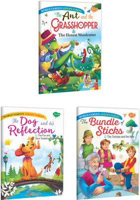 Set Of 3 Books | World Famous Aesop's Fables : The Ant And The Grasshopper & The Honest Woodcutter, The Dog And His Reflection & The Fox And Sour Grapes And The Bundle Of Sticks & The Tortoise And The Hare(Paperback, Manoj Publications Editorial Board)