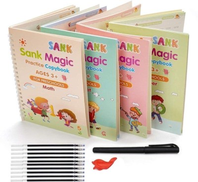 Sank Magic Books For Kids With 10 Refills And 1 Pen And Erasable 4 Set Of Practicing, Handwriting, Reusable Copy Book(Spiral, Generic)