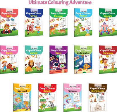 My First Copy To Colour - Cars, Circus, Dinosaur And More :- Engaging Animals Colouring, Preschool Fun Combo, Cultural Mythology Themes, Creative Kids Set | Set Of 14 Books(Paperback, GOWOO)