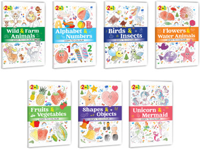 2 In 1 Copy To Colour - Alphabet & Numbers, Birds & Insects, Flowers & Water Animals And More :- Colourful Kids Colouring Set, Variety Of Fun Themes, Creative 2 In 1 Activity Pack | Combo Of 7 Books(Paperback, GOWOO)
