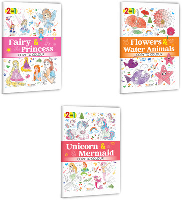 2 In 1 Copy To Colour - Fairy & Princess, Flowers & Water Animals And Unicorn & Mermaid :- Magical Colouring Pack, Fantasy And Nature Themes, Fun Activity Book For Children | Set Of 3 Books(Paperback, GOWOO)