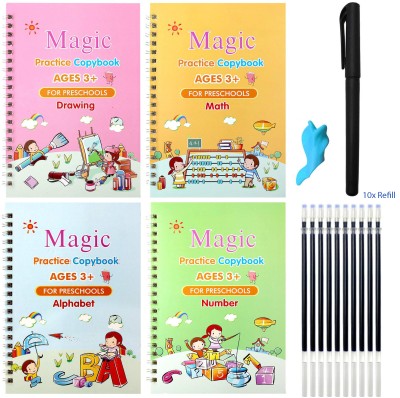 SANK Re-Usable MAGIC BOOK Magical Handwriting Workbooks Practice Copybook For Pre-School Kids, (4 BOOK + 1 Pen + 10 REFILL) Number Tracing Book, Drawing, Alphabet And Math Exercise For Preschoolers With Pen, English Magic Books For Kids Reusable Writing Magic Calligraphy Copybook Set Practical Reusa