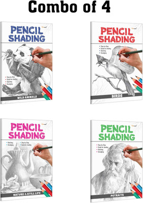 Pencil Shading - Birds, Wild Animals, Nature & Still Life And Portraits : Easy Pencil Art For Kids, Still Life Drawing For Beginners | Pack Of 4 Pencil Shading Activity Books(Paperback, GOWOO)
