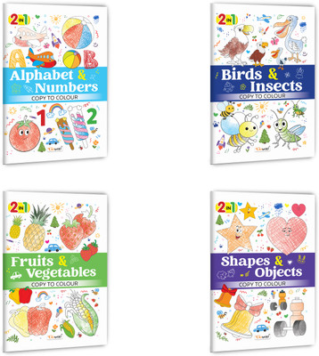 2 In 1 Copy To Colour - Alphabet & Numbers, Birds & Insects, Fruits & Vegetables And Shapes & Objects :- Exciting Copy Colouring Fun, Variety Of Creative Themes | Combo Of 4 Books(Paperback, GOWOO)