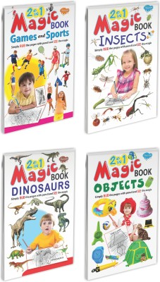 Magical Creatures Colouring Book Set Of 4, 2 In 1 Magic Book Of Games And Sports-Toys, Birds-Insects, Dinosaurs-Sea Animals And Shapes-Objects | Learn The Art Of Pencil Shading(Paperback, Manoj)