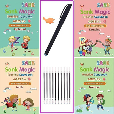 DHEER 4 Set Magic Practice Book for Kid Repeatedly Usable includes Grip & Magical Pen Regular Notebook Ruled 16 Pages(Multicolor)